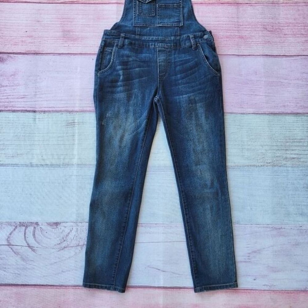 Free People Blue Washed Skinny Cotton Blend Denim Overall Size 26 Boho Casual - Picture 3 of 6